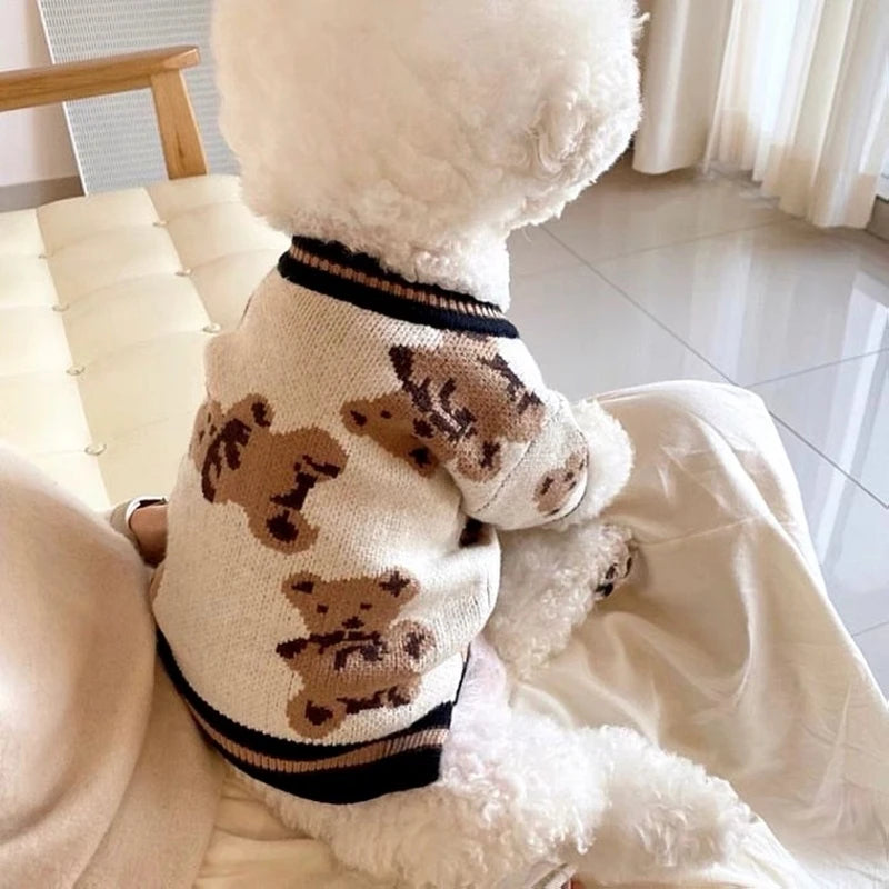 Luxury Bear Pattern Dog Cardigan Sweater