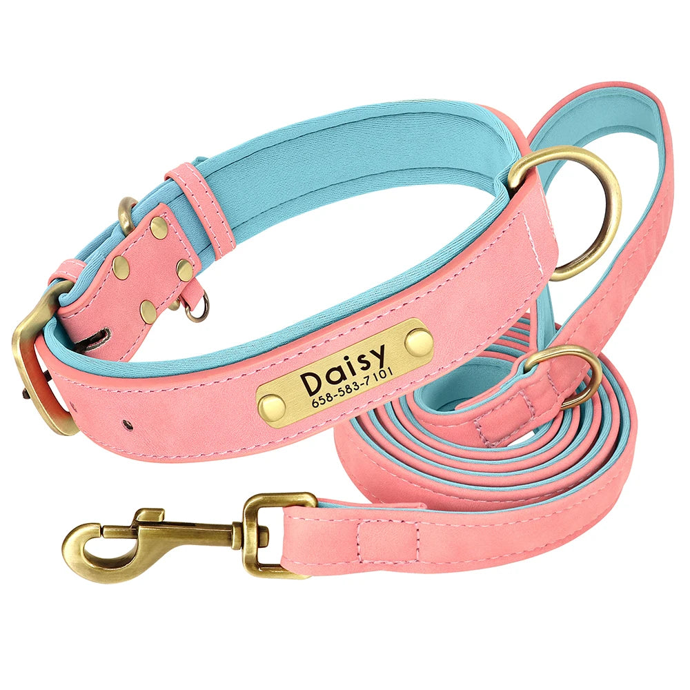Customized Leather Dog Collar Leash Set