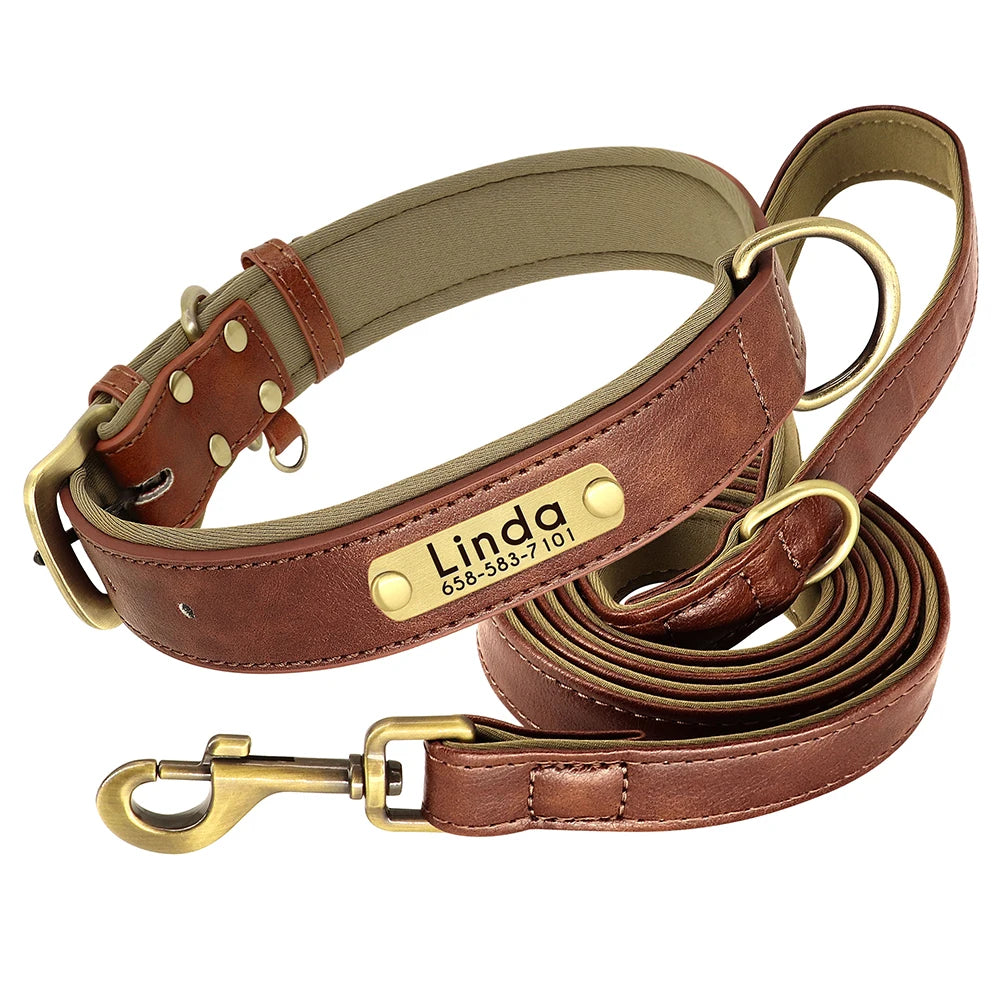 Customized Leather Dog Collar Leash Set
