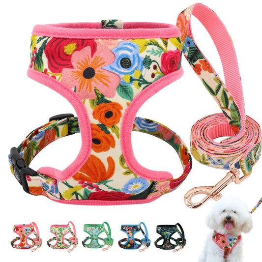 Print Flower Dog Harness Leash Set